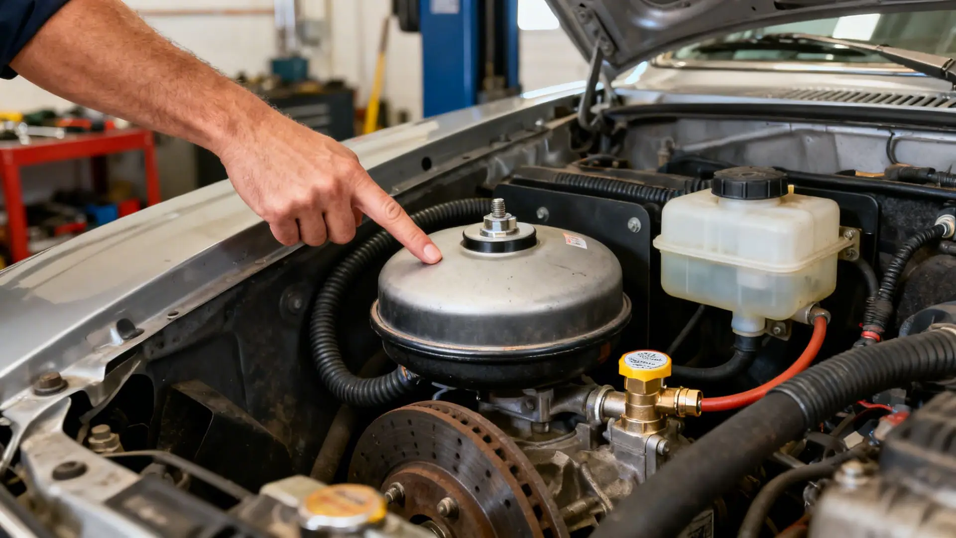 A mechanic's hand points to a component in a car's engine bay, near the brake fluid reservoir.