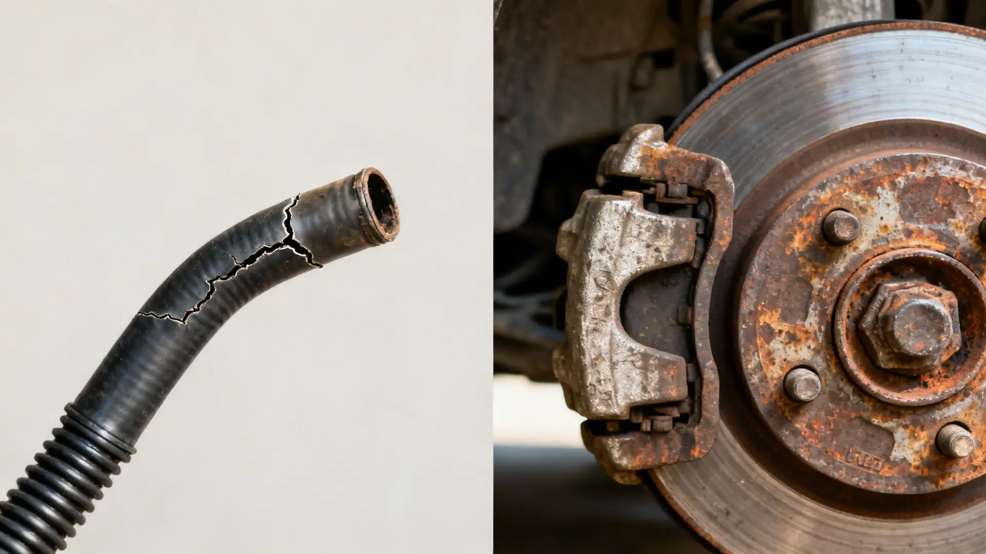 A cracked rubber hose and a rusty car brake disc with caliper, showing automotive wear and damage.