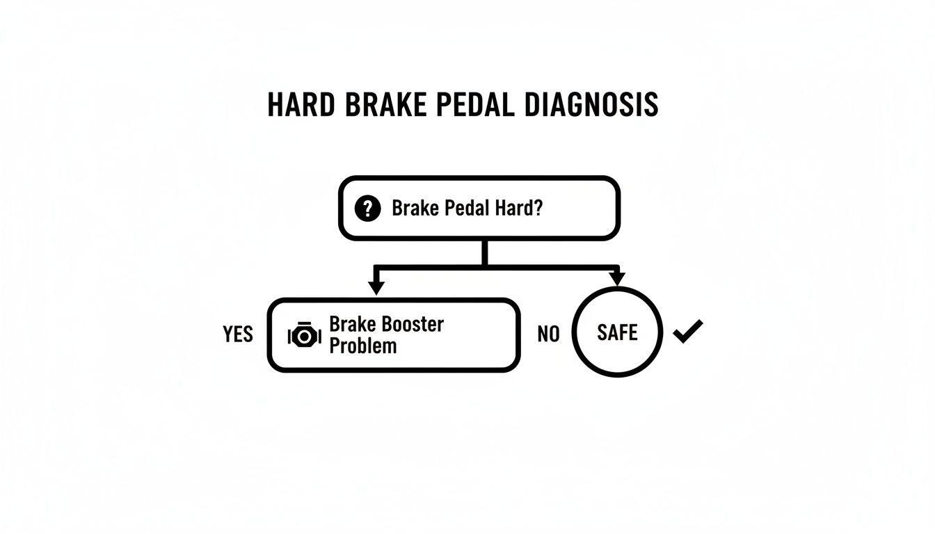 A diagnostic flowchart for a hard brake pedal problem, showing steps for a brake booster issue or a safe outcome.
