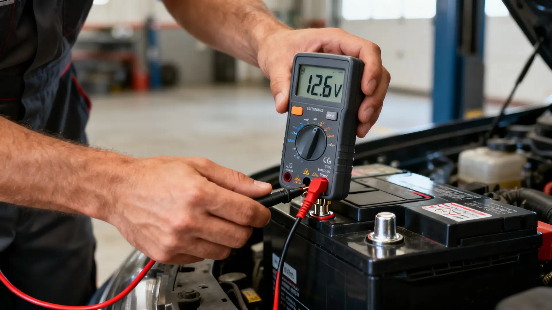 Mechanic's hands using a digital multimeter to test a car battery, showing 12.6V.