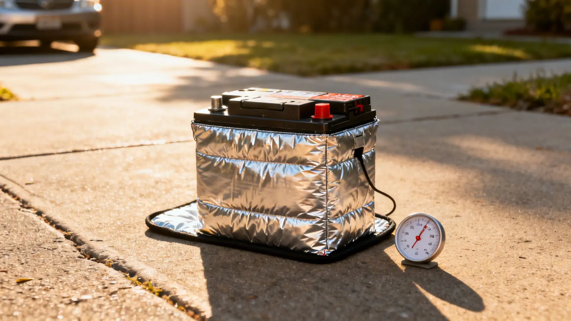 A car battery wrapped in a silver insulating cover with a thermometer on a sunny driveway.
