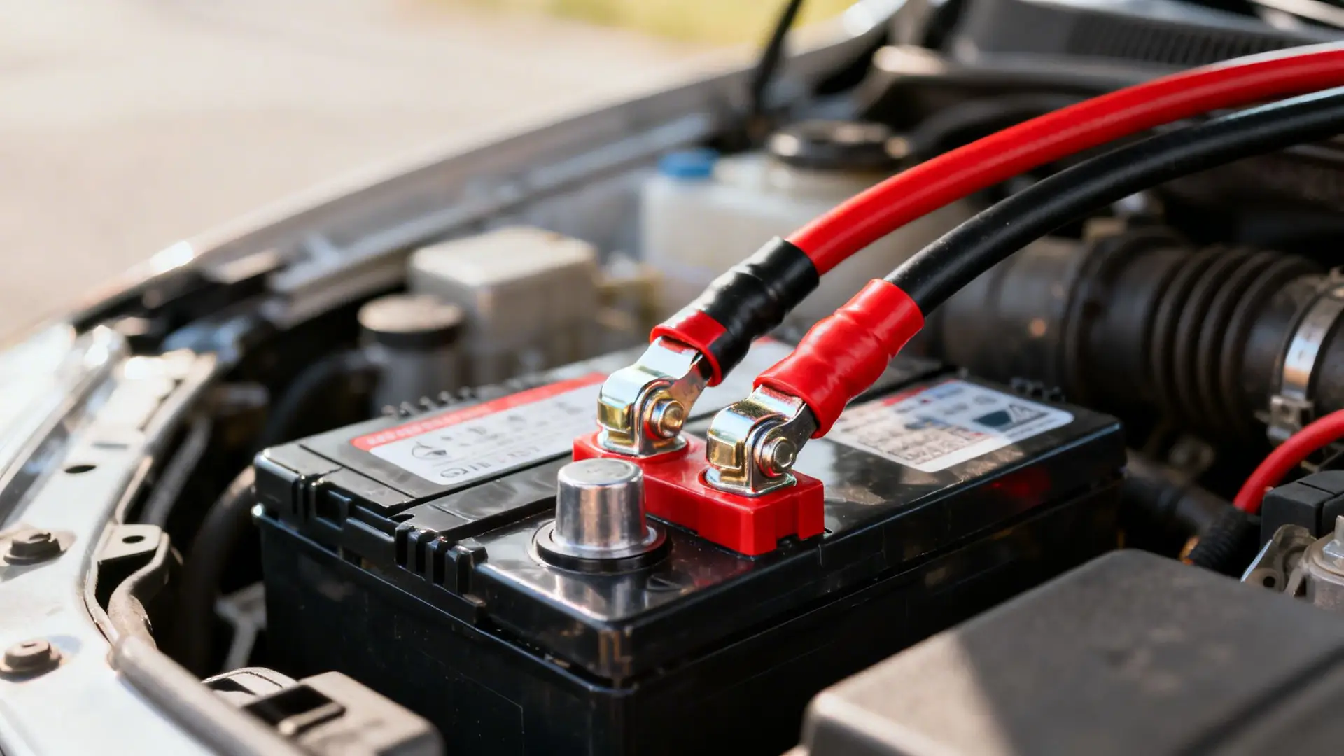 Jumper cables connected to a car battery in a vehicle's engine compartment.