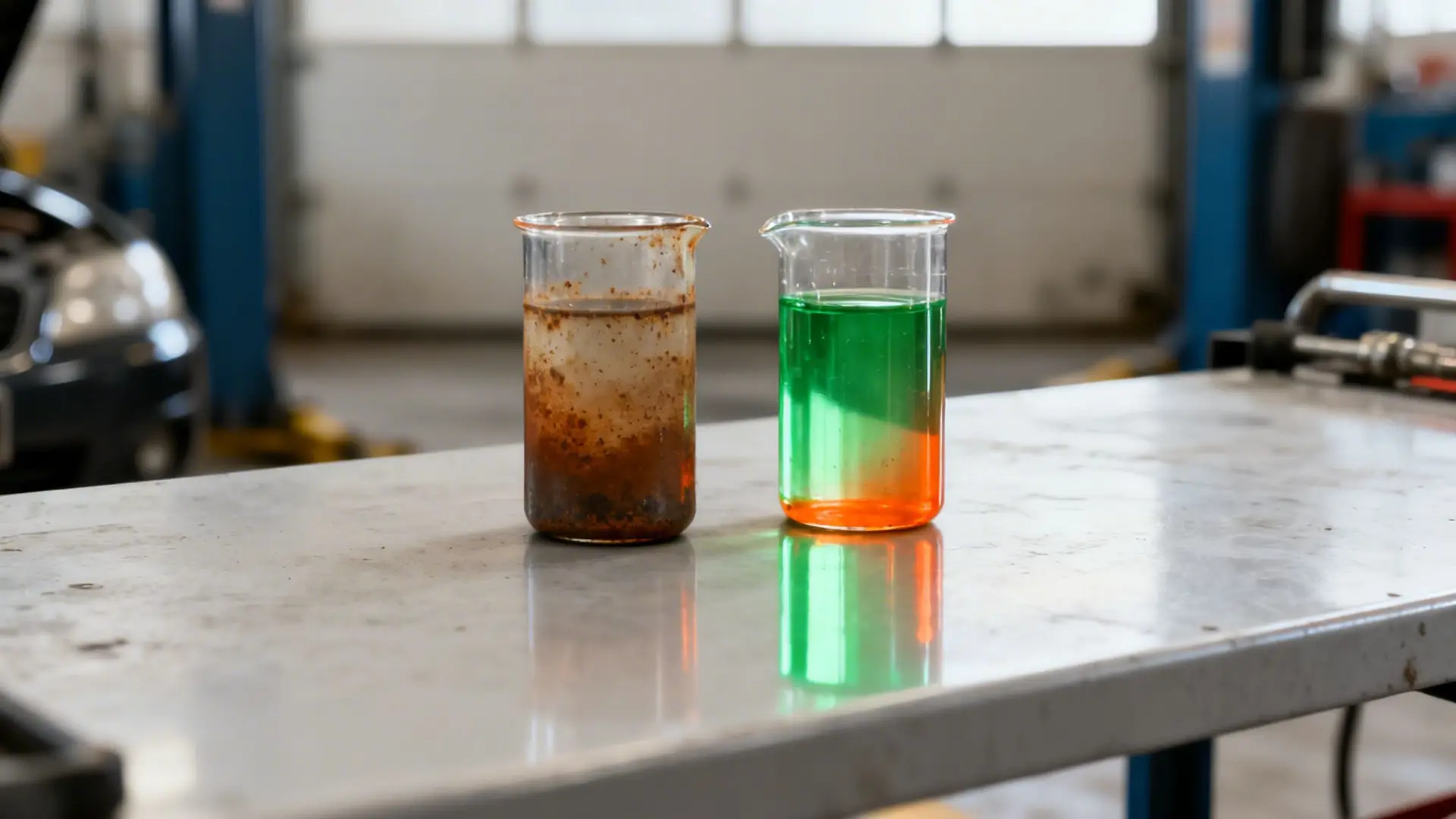 Beakers comparing dirty, rusty car fluid with fresh, layered green and orange coolant in a garage.