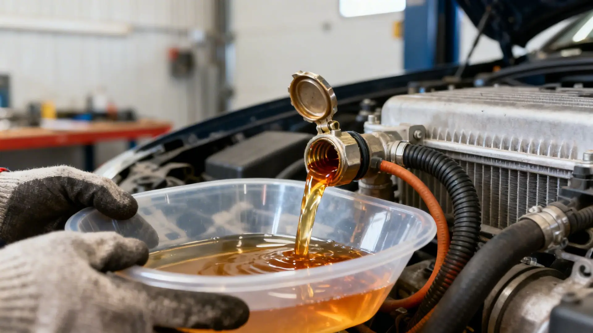 A person in gloves draining golden liquid from a car engine into a clear plastic container.