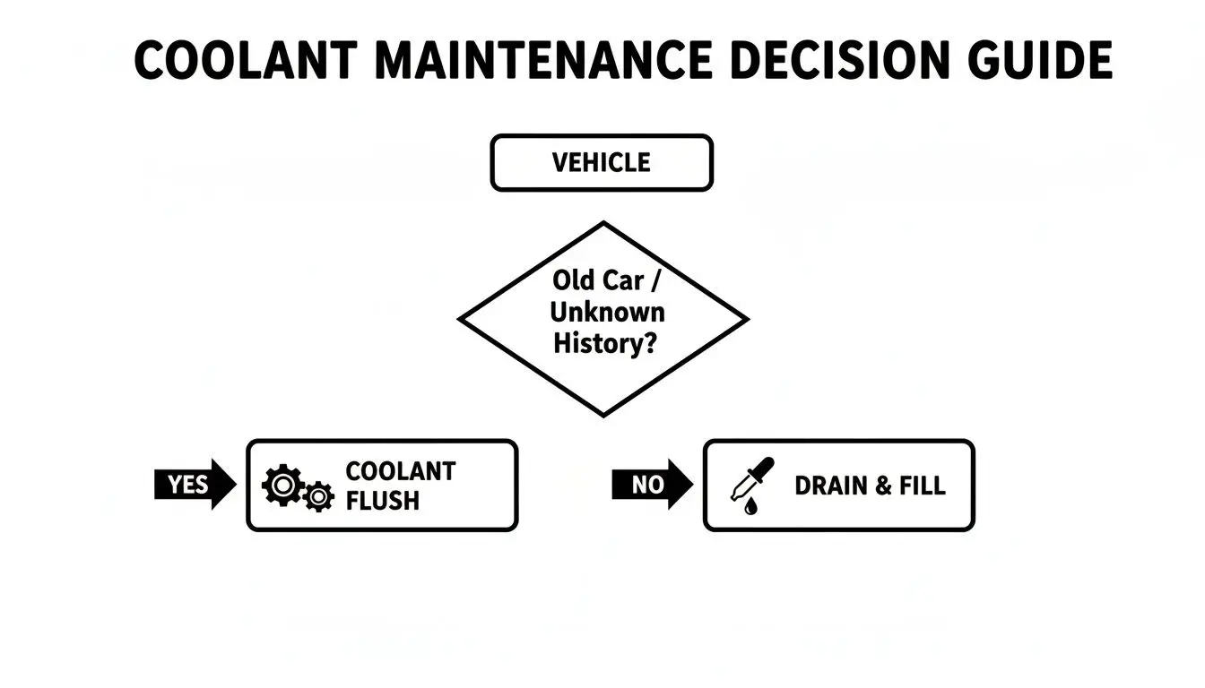 A flowchart guiding coolant maintenance decisions: Vehicle leads to Old Car / Unknown History? Yes to Coolant Flush, No to Drain & Fill.