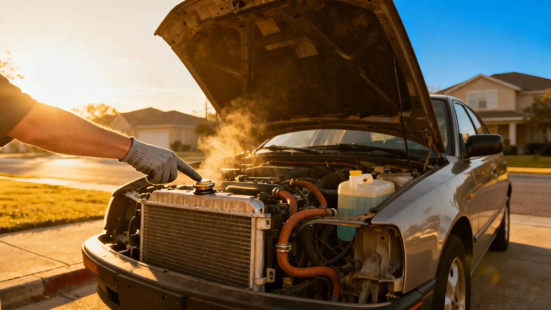 A gloved hand points at a smoking car radiator with its hood open during sunset.
