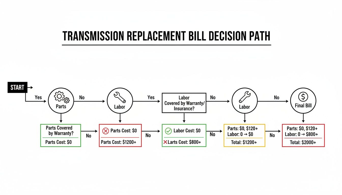Flowchart detailing transmission replacement bill decision path with costs based on warranty and insurance.