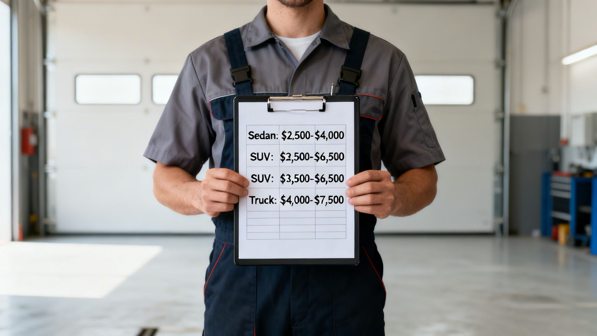 A mechanic in a garage holds a clipboard showing transmission replacement costs for different vehicle types.