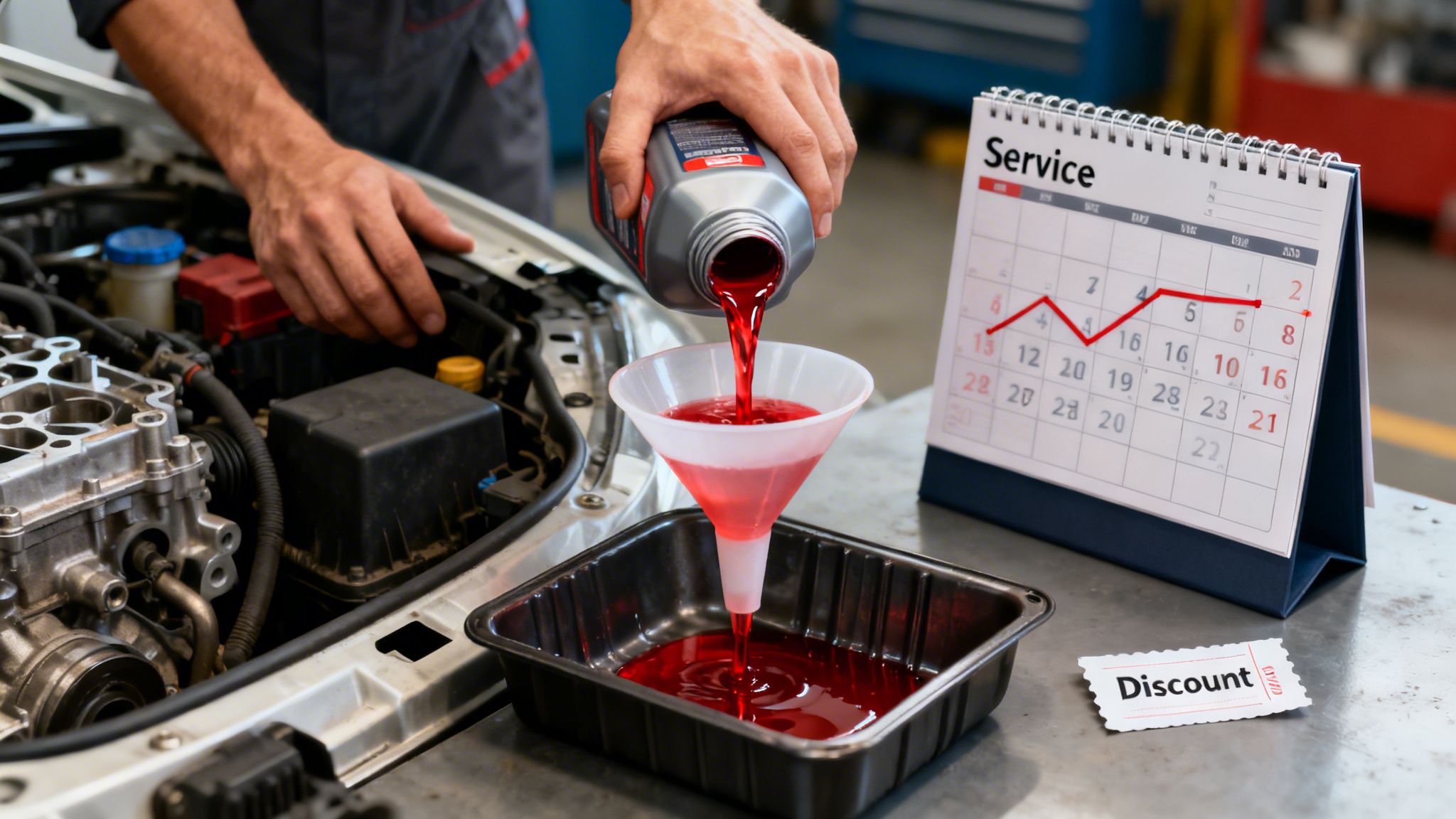 Mechanic's hands pouring red transmission fluid into a funnel above a catch pan during car service.