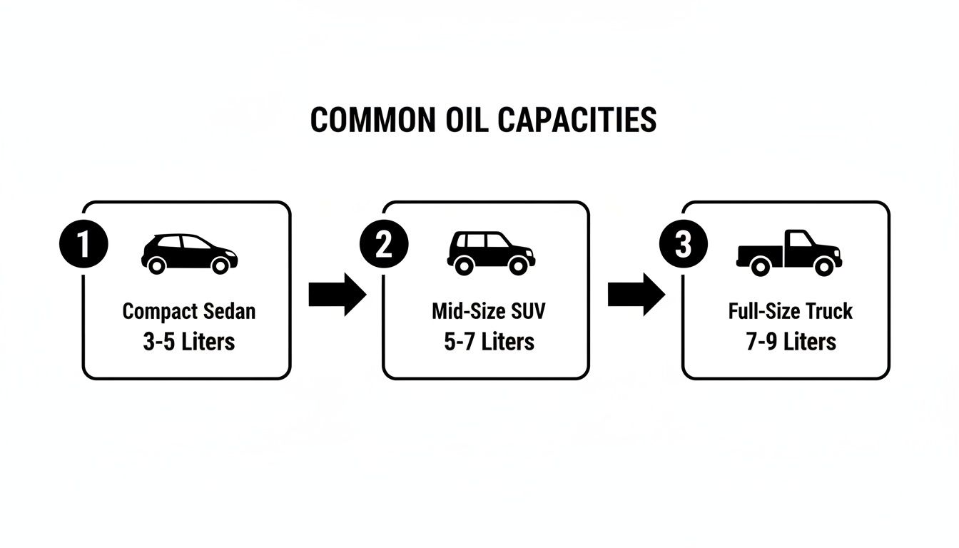 Infographic showing common engine oil capacities for compact sedans, mid-size SUVs, and full-size trucks.