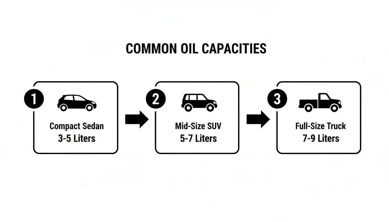 Infographic showing common engine oil capacities for compact sedans, mid-size SUVs, and full-size trucks.