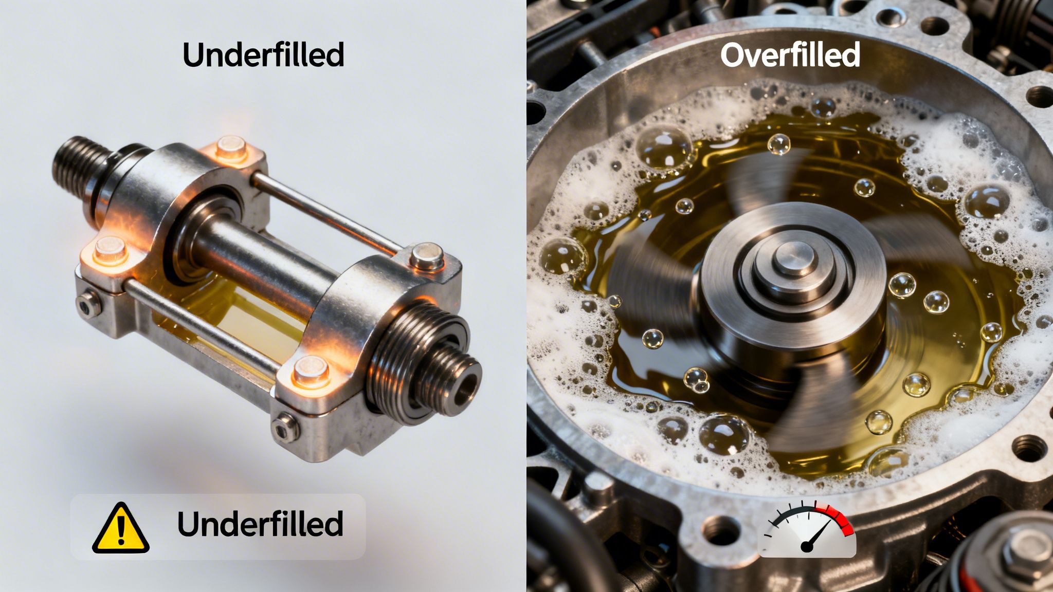 Split image showing underfilled oil in a sight glass and overfilled, foamy oil in an engine.