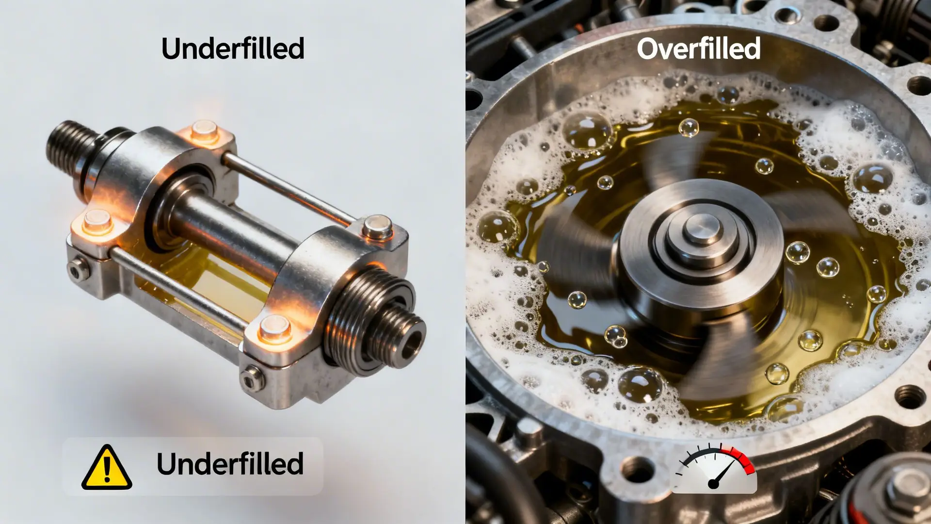 Split image showing underfilled oil in a sight glass and overfilled, foamy oil in an engine.