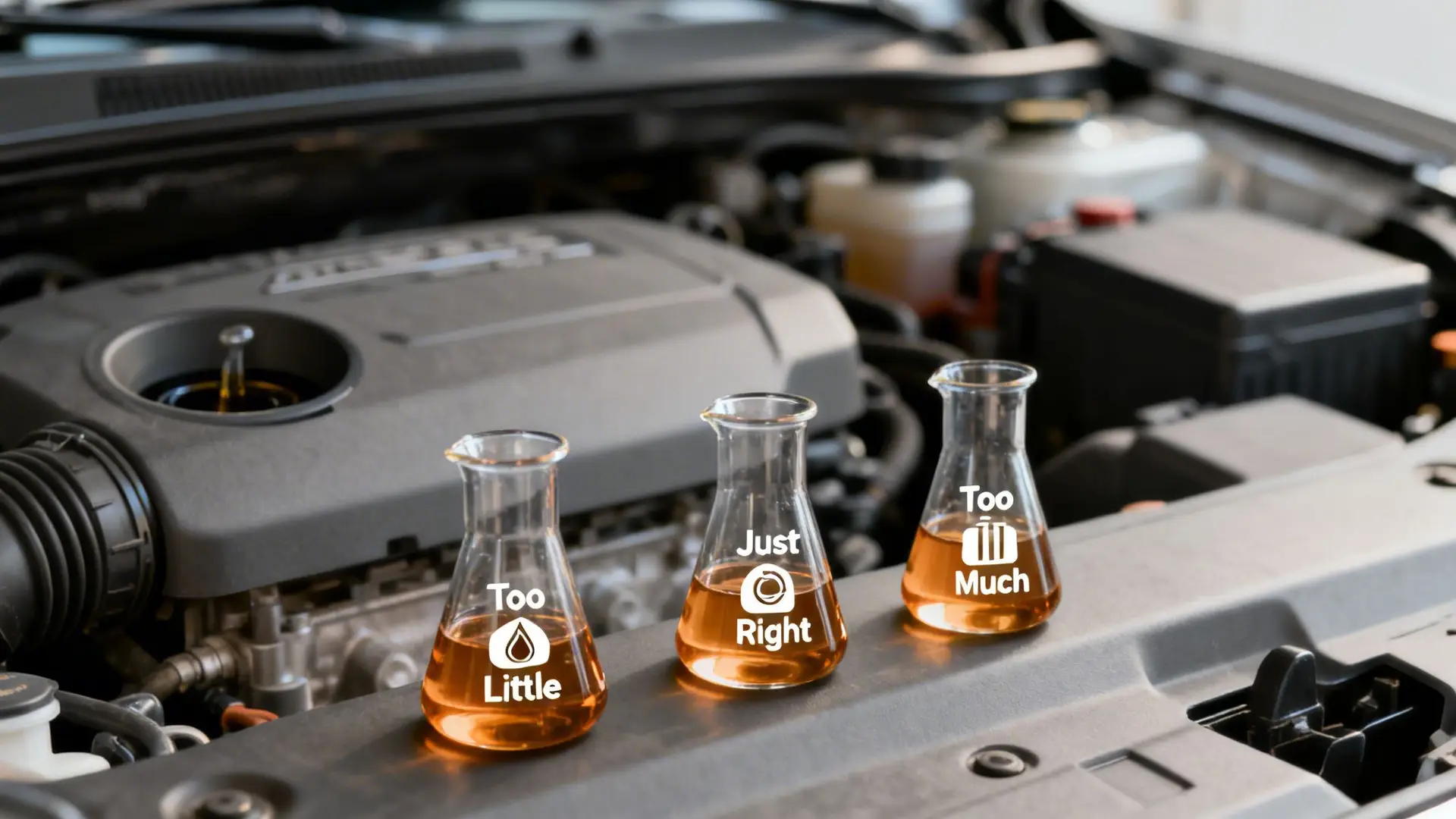 Three beakers displaying 'too little,' 'just right,' and 'too much' engine oil levels on a car engine.
