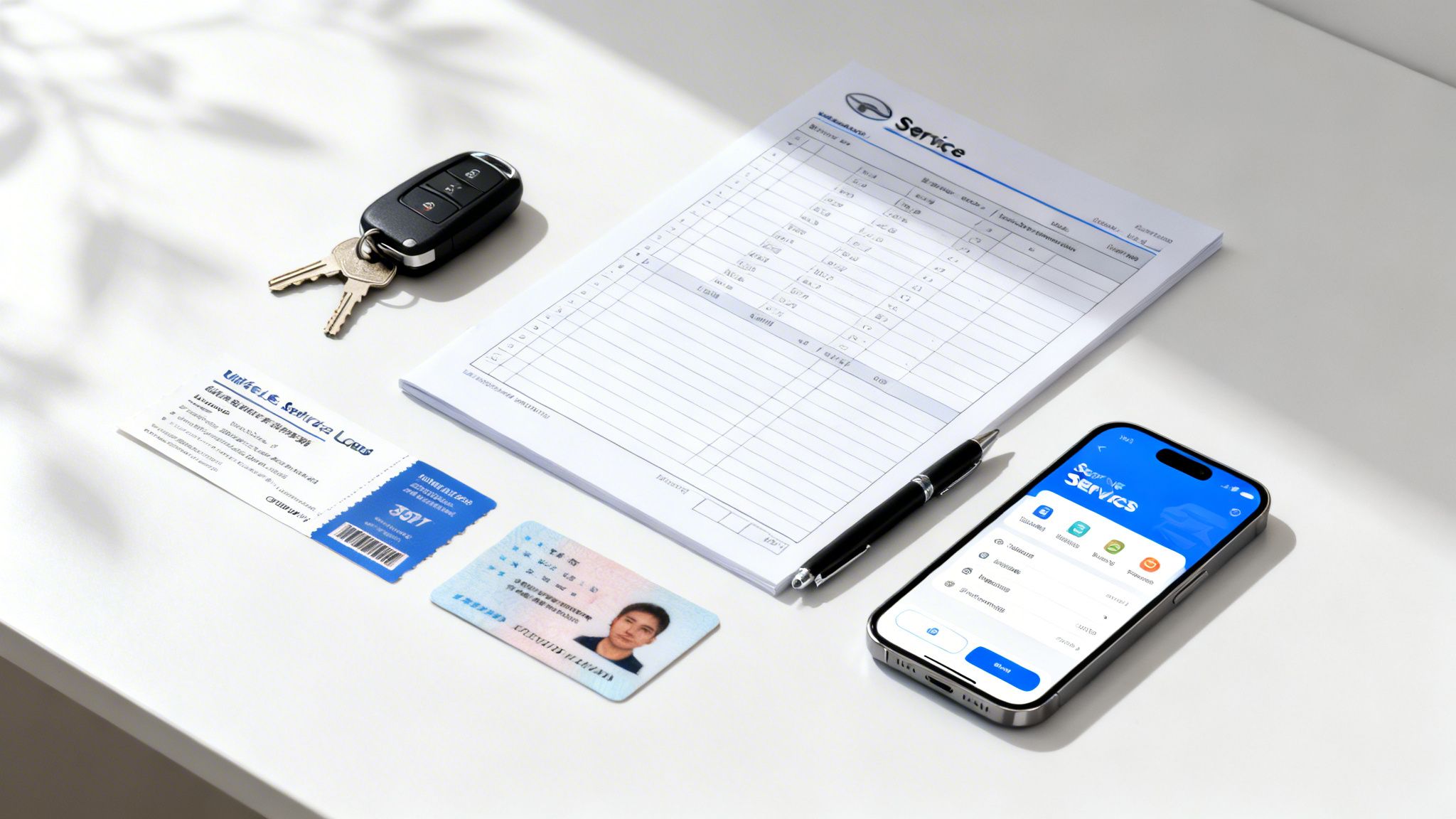 Flat lay of car keys, a service receipt, an ID card, and a phone with a services app on a white desk.