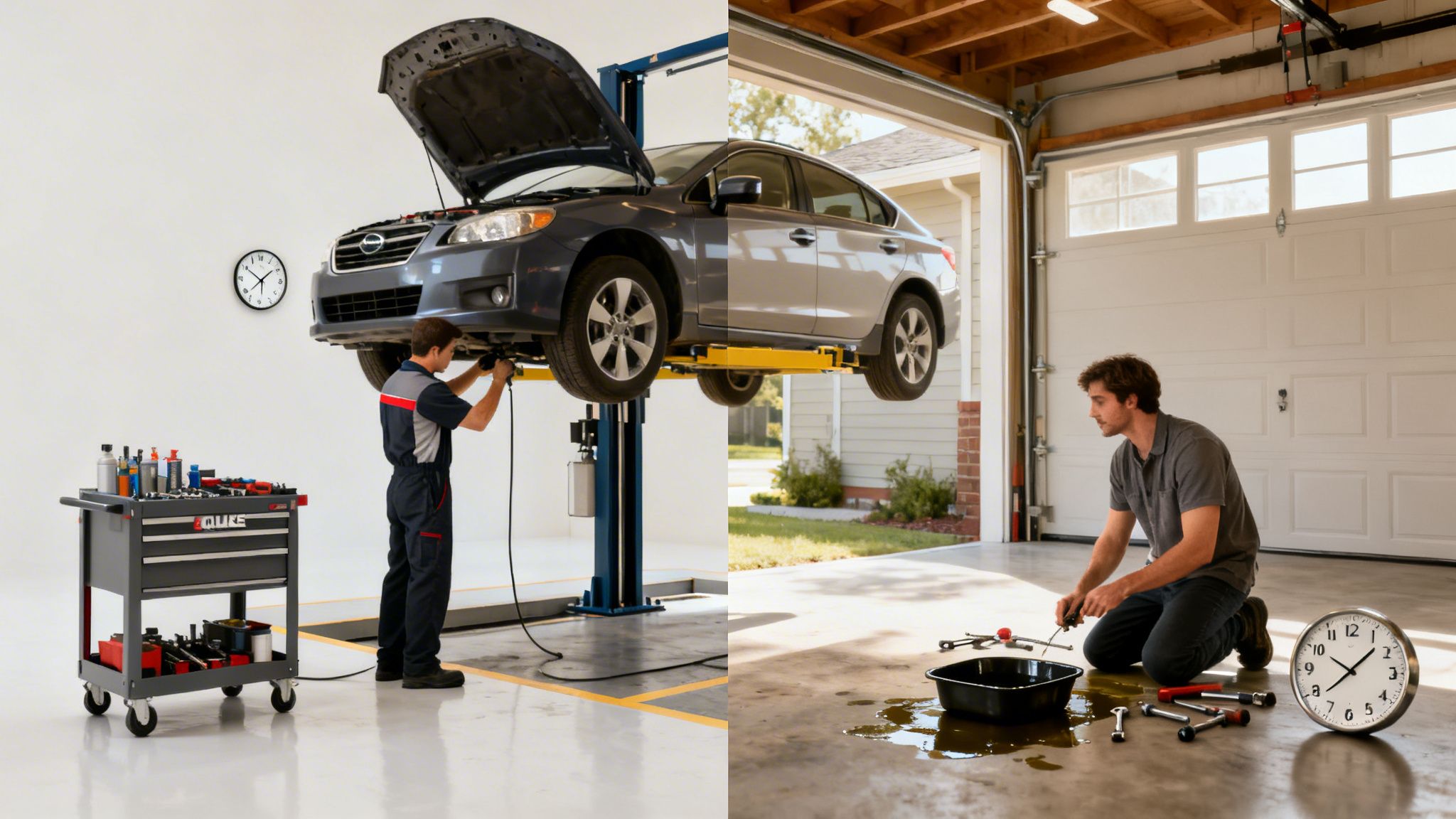 A professional mechanic in a garage versus a person struggling with a DIY oil change at home.