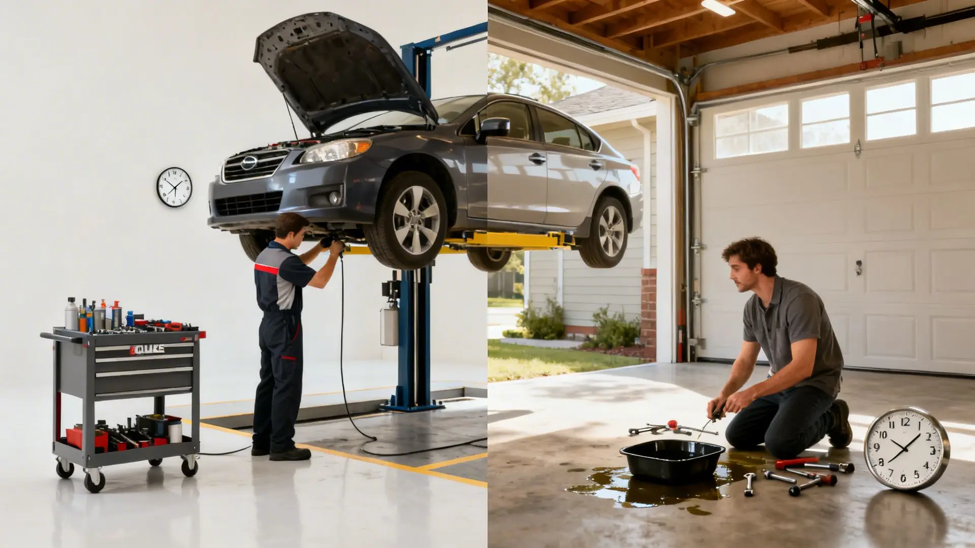 A professional mechanic in a garage versus a person struggling with a DIY oil change at home.