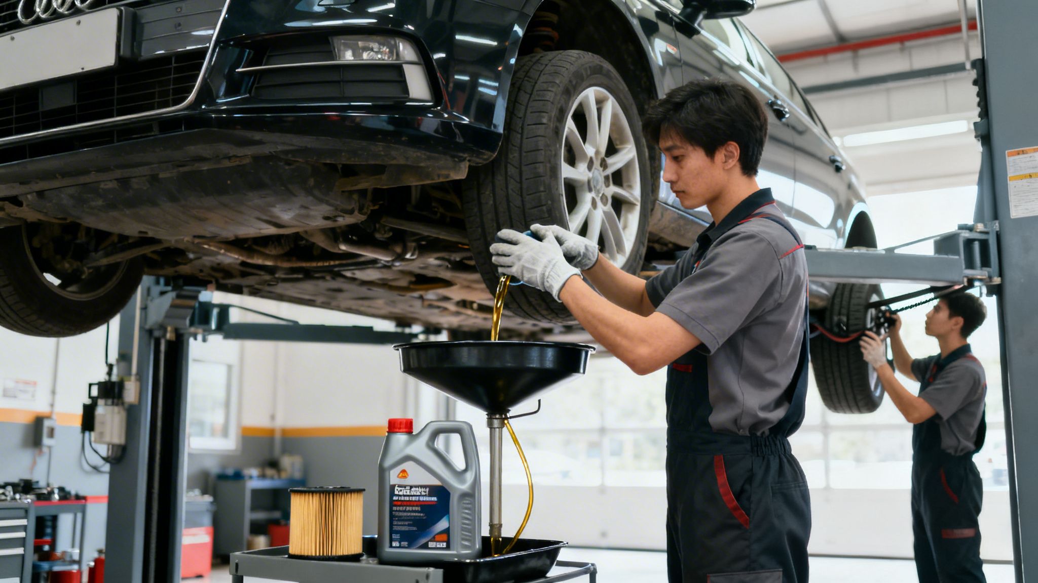 An automotive technician pouring fresh engine oil into a car on a hoist during a service.