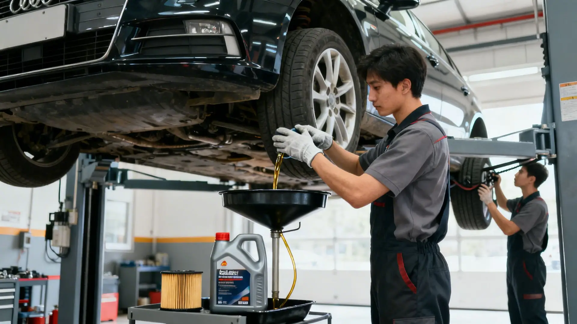 An automotive technician pouring fresh engine oil into a car on a hoist during a service.