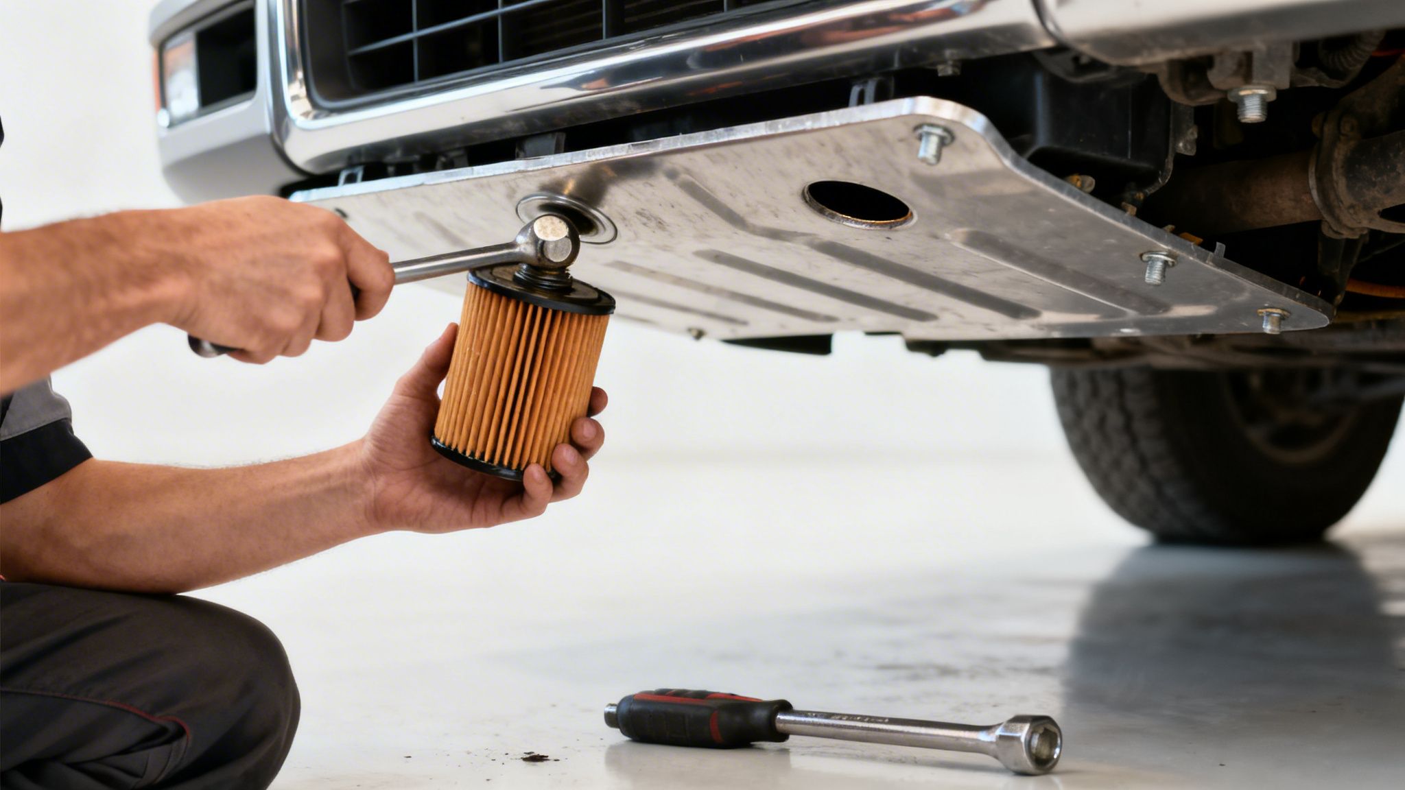 A mechanic's hands use a wrench to change an orange oil filter on a vehicle.
