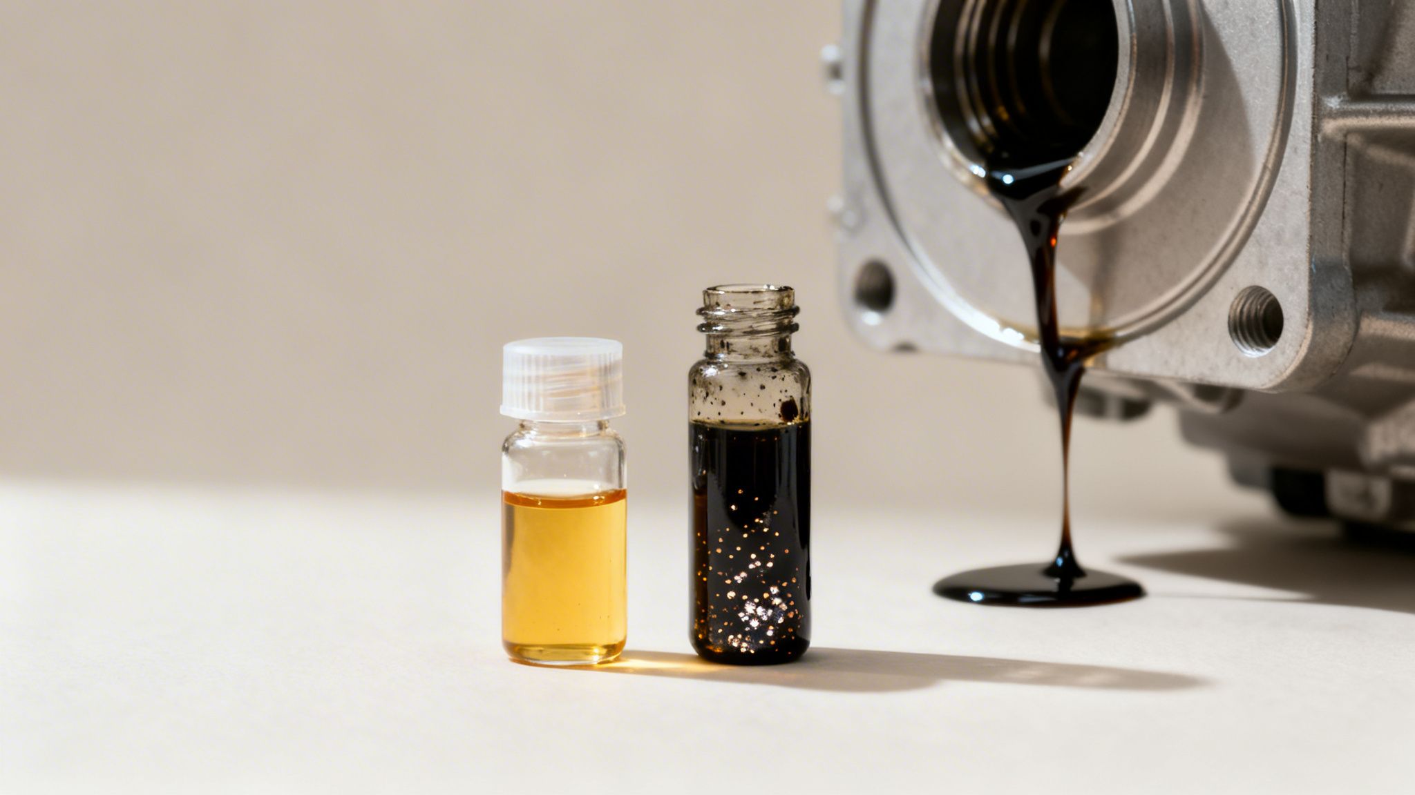 Vials of clean and dirty differential fluid next to old oil dripping from a car part.