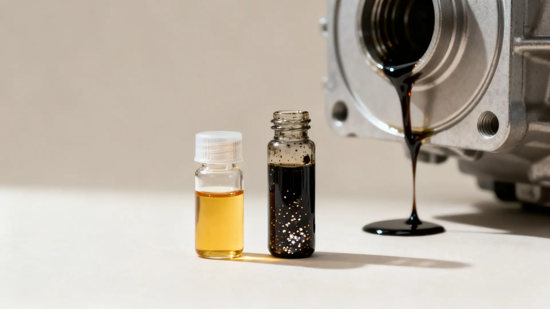 Vials of clean and dirty differential fluid next to old oil dripping from a car part.