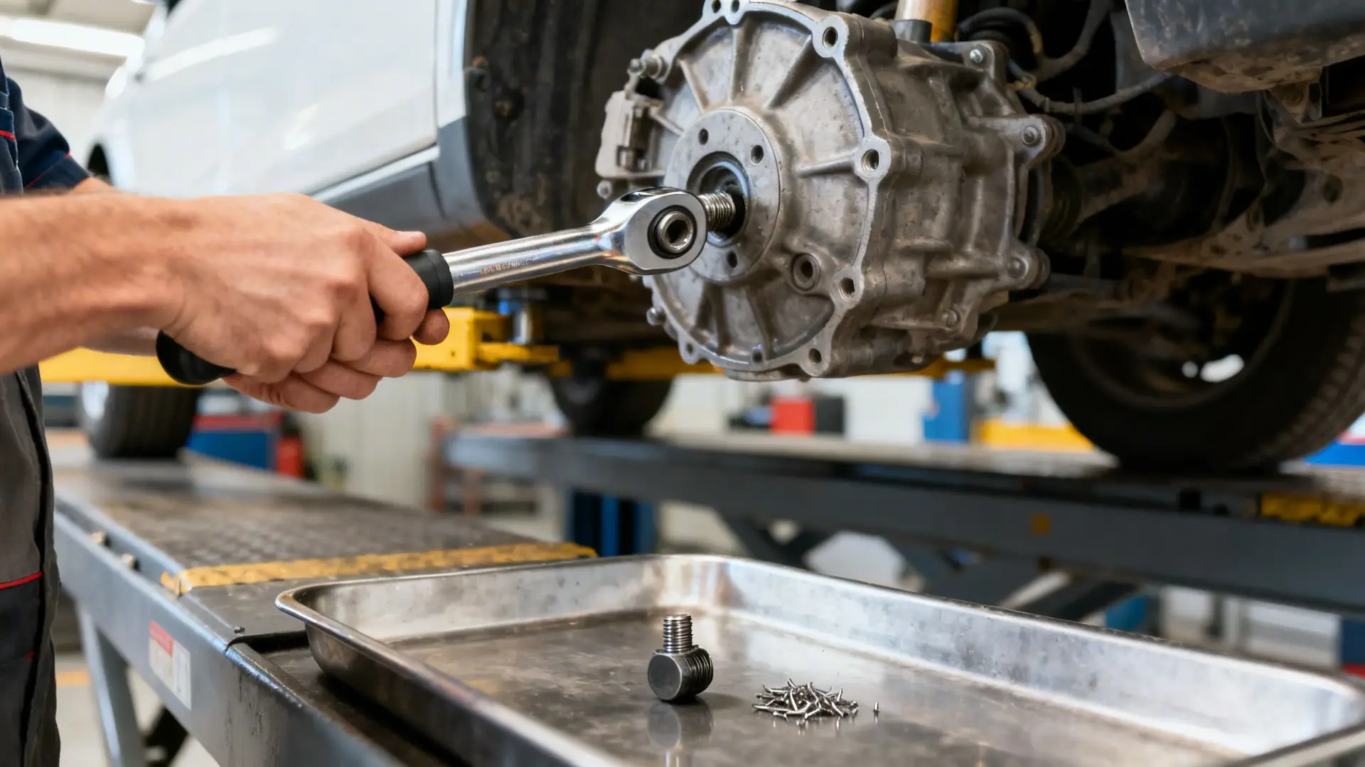 Close-up of a mechanic's hands using a wrench to repair a car's differential on a lift, with fasteners in a tray.