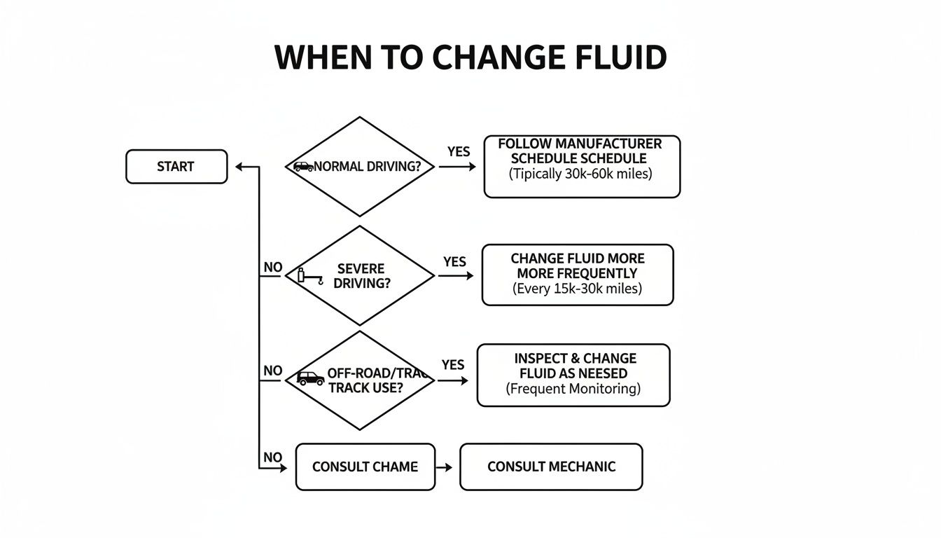 Flowchart illustrating when to change vehicle fluid based on driving conditions like normal, severe, or off-road use.
