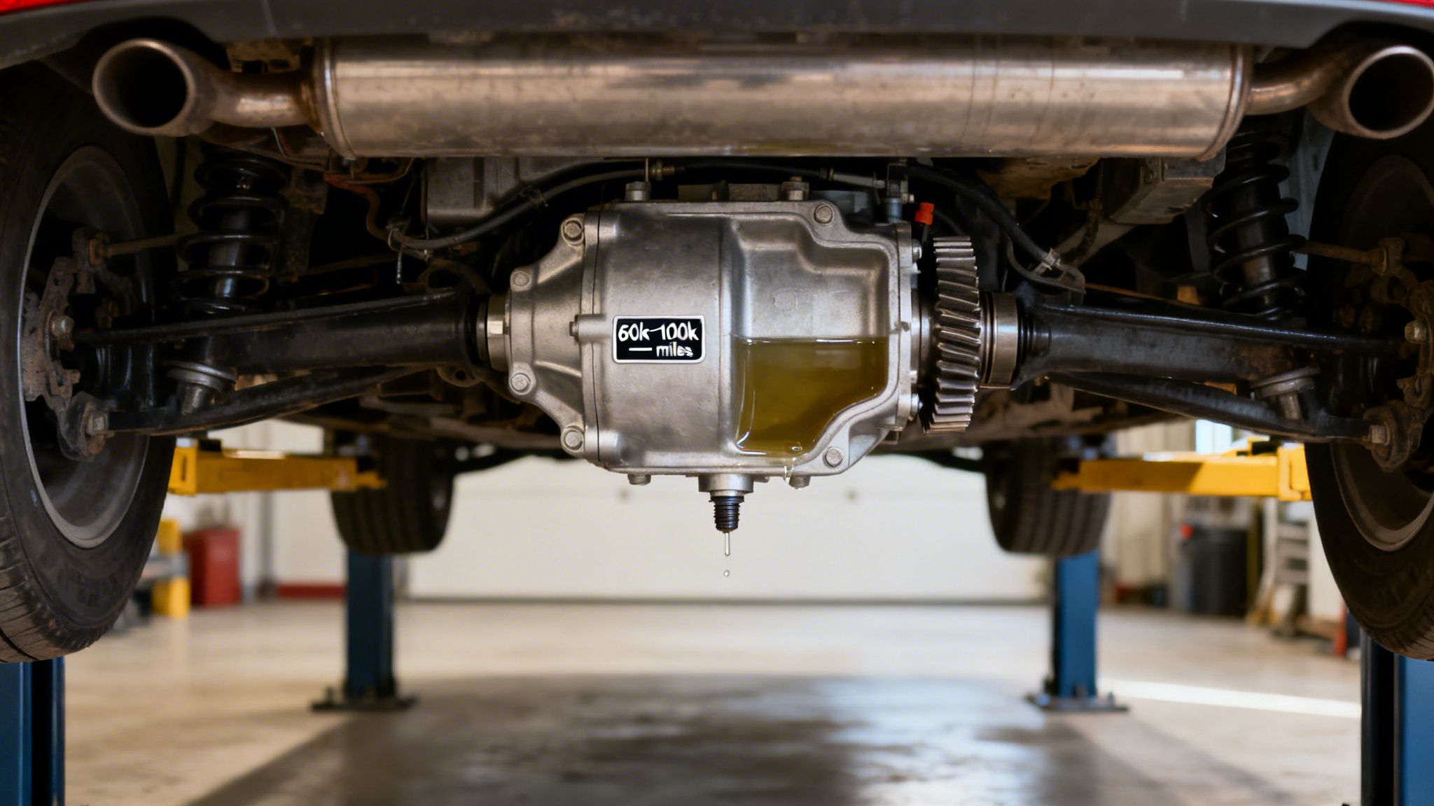 Underside of a car on a lift, showing a rear differential with old fluid being drained and a service interval sticker.