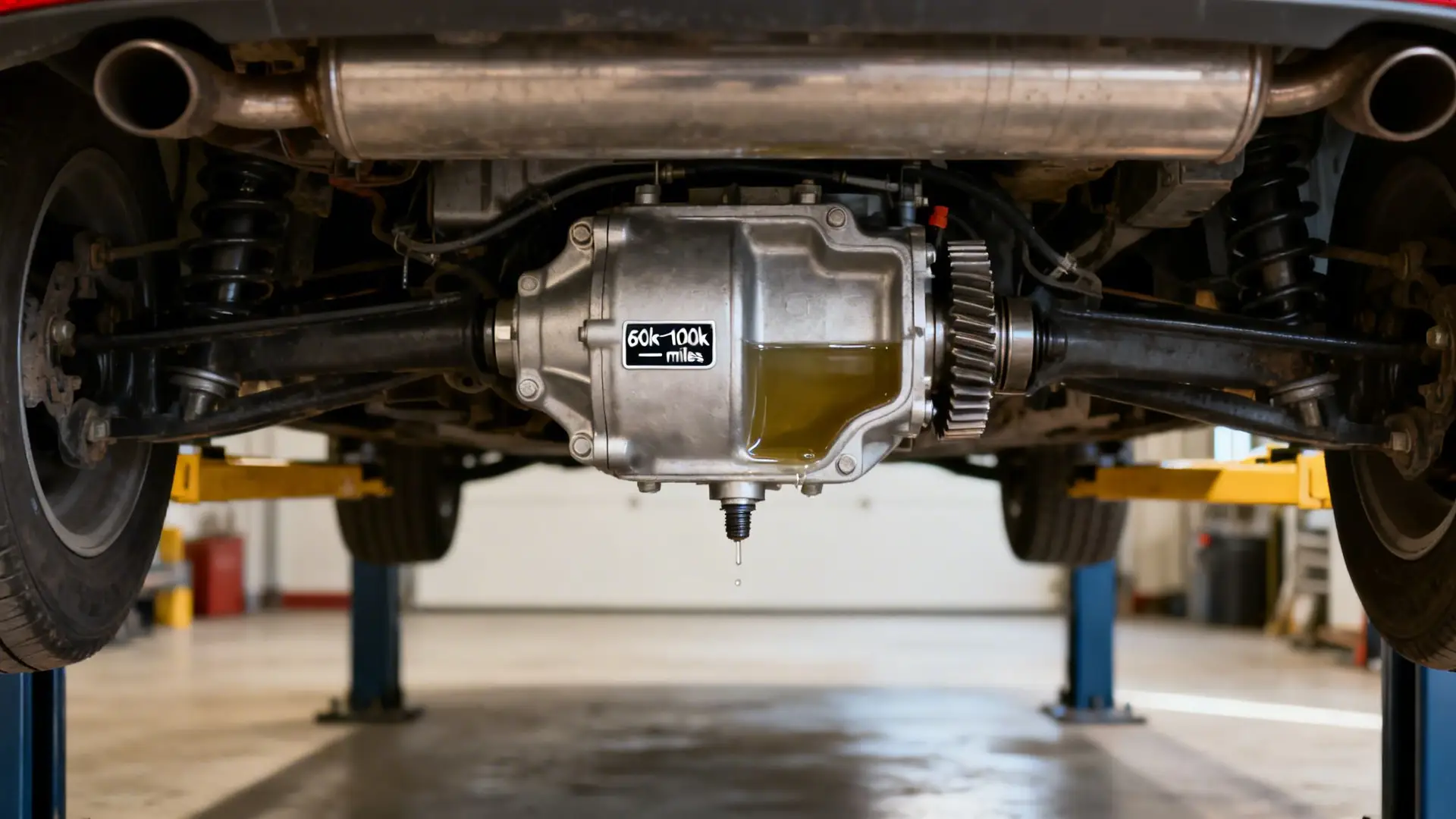 Underside of a car on a lift, showing a rear differential with old fluid being drained and a service interval sticker.