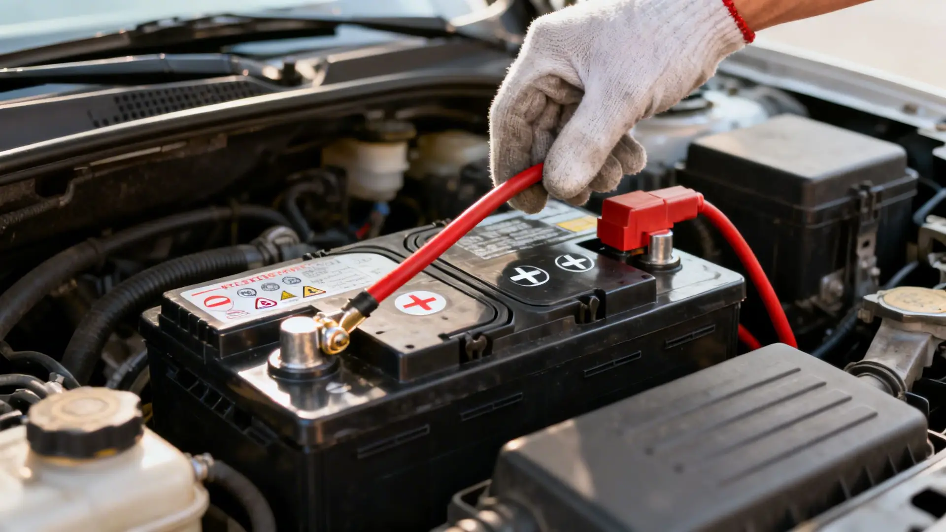 Gloved hand connecting a red cable to the positive terminal of a car battery during maintenance.