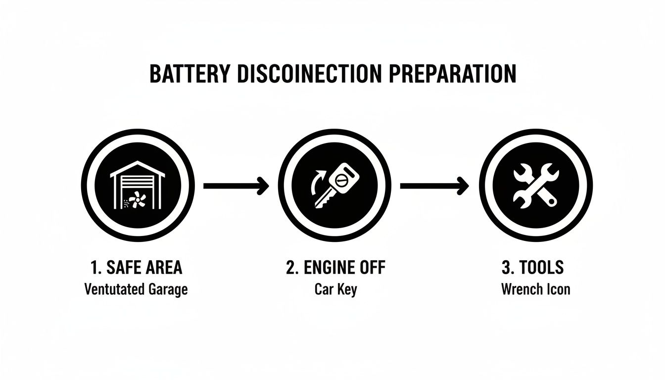 Visual guide detailing battery disconnection preparation, showing steps for a safe area, engine off, and necessary tools.