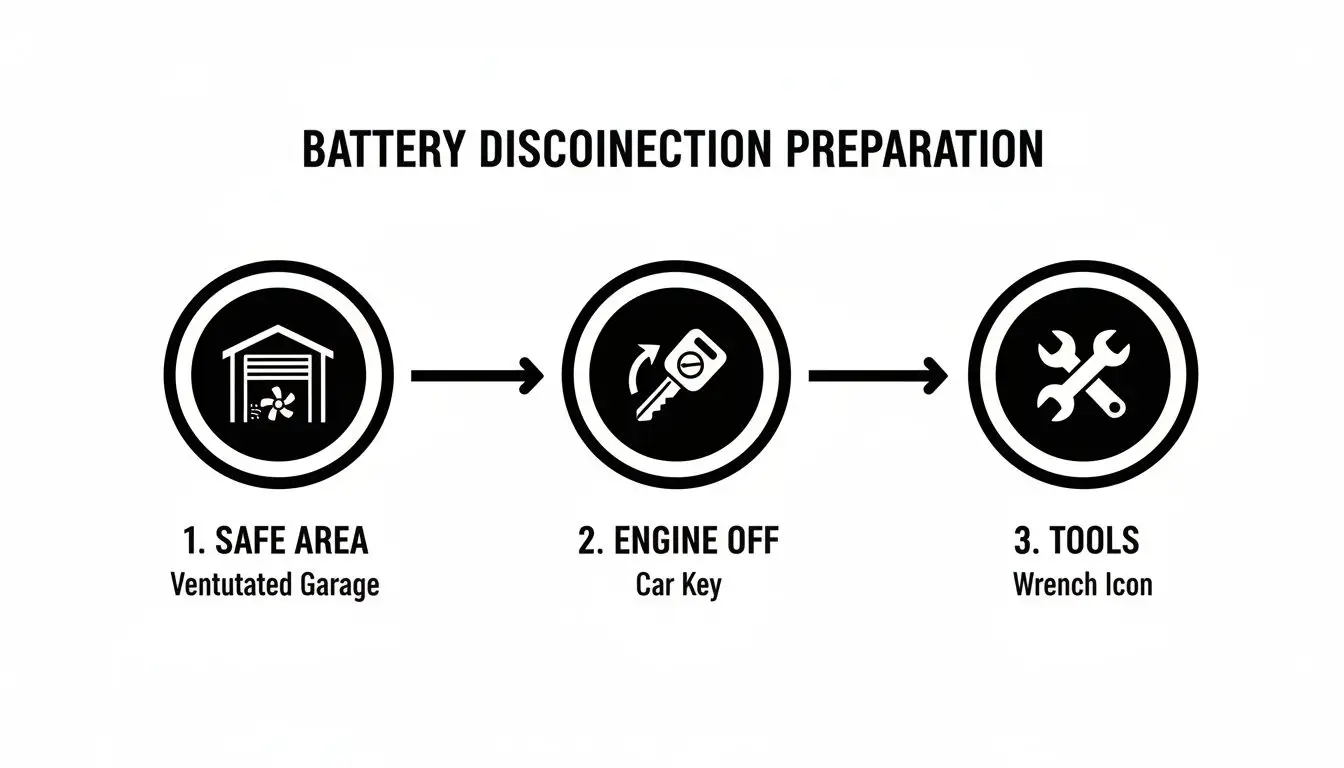 Visual guide detailing battery disconnection preparation, showing steps for a safe area, engine off, and necessary tools.