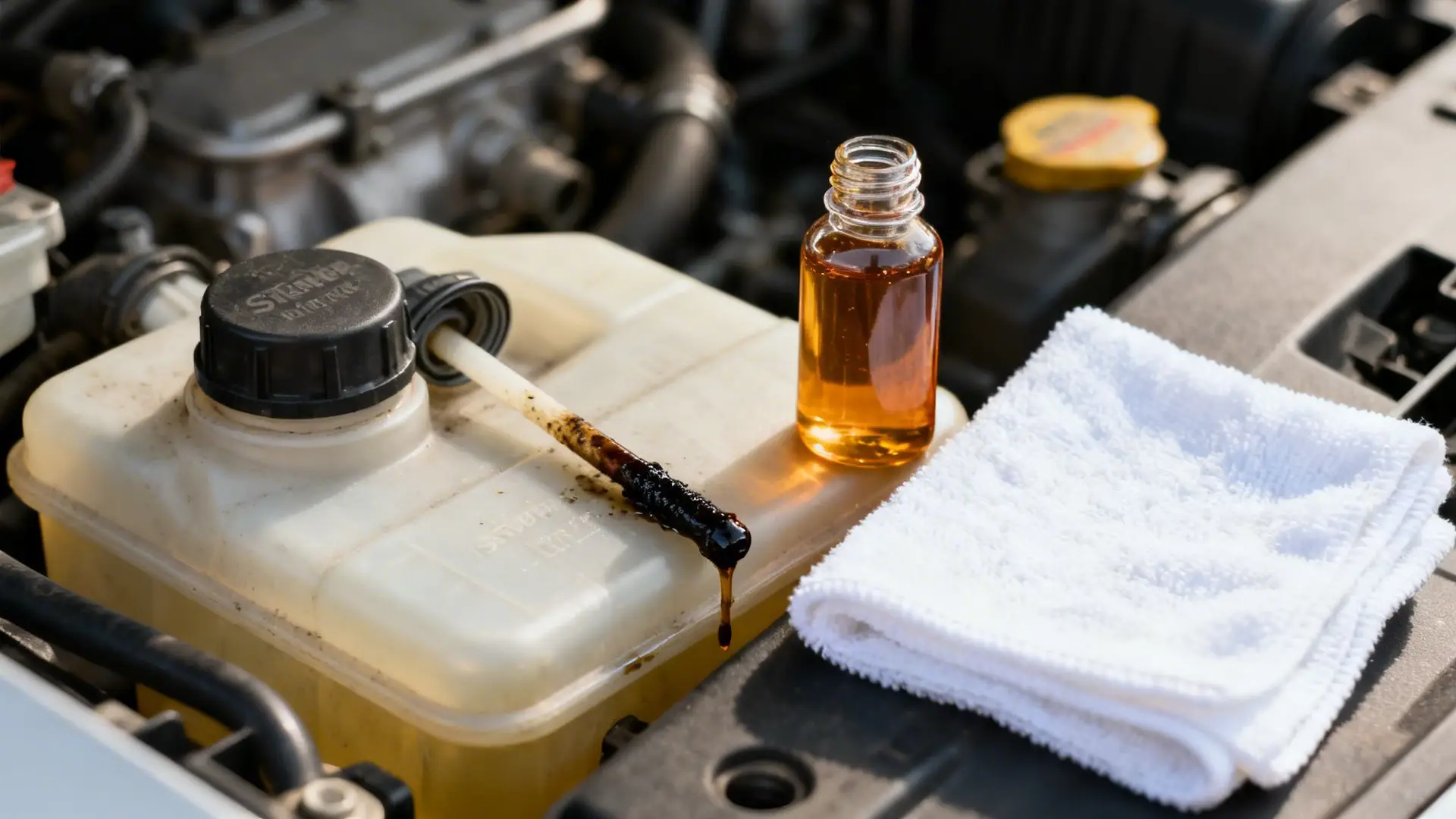Car engine bay with fluid reservoir, dipstick showing dirty fluid, clean fluid bottle, and white towel.
