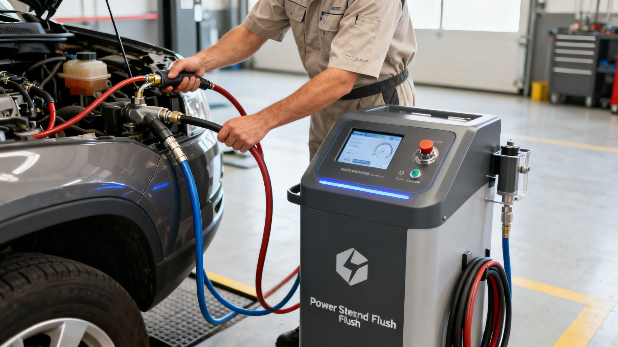 A mechanic performs a power steering fluid flush on a car using a specialized machine.