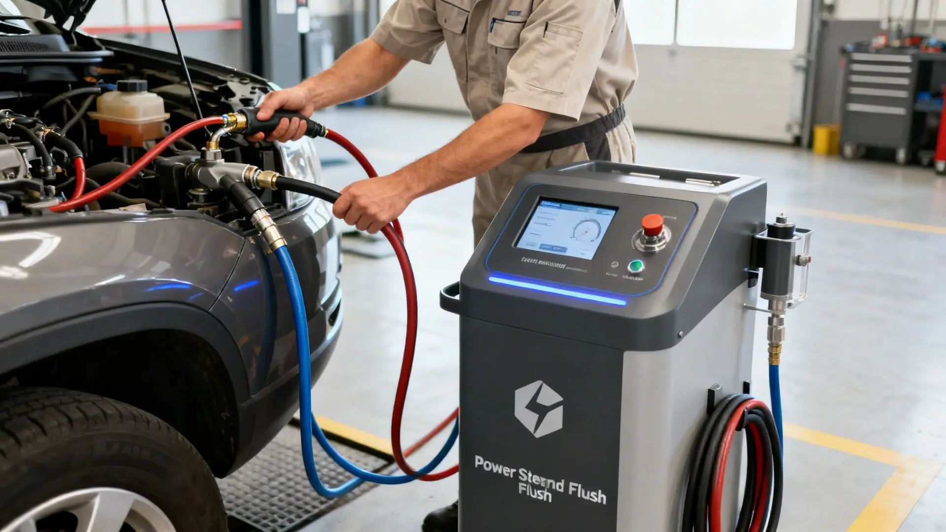 A mechanic performs a power steering fluid flush on a car using a specialized machine.