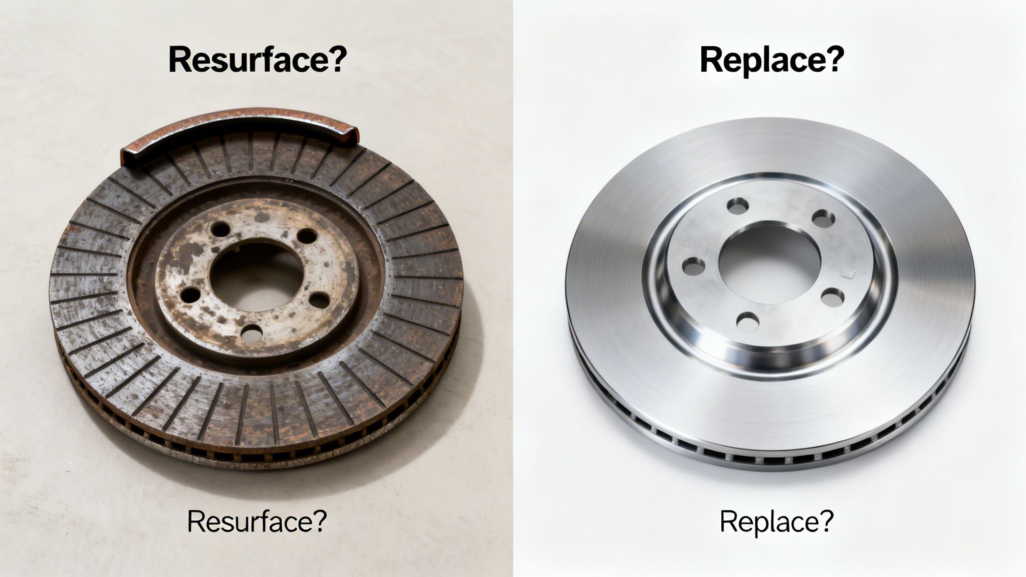 Two car brake rotors side-by-side: a worn, rusty one labeled 'Resurface?' and a new, shiny one labeled 'Replace?'.