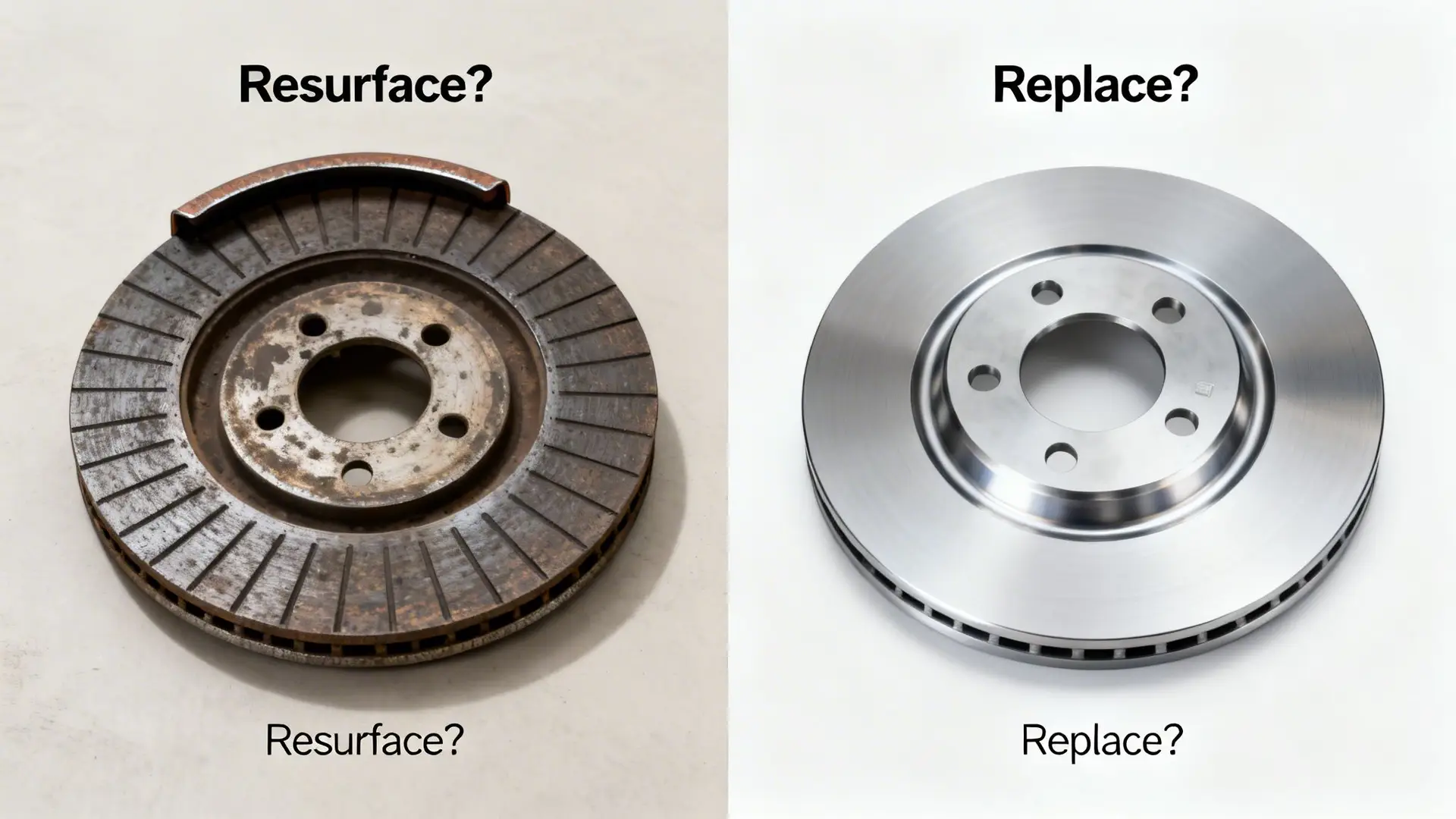 Two car brake rotors side-by-side: a worn, rusty one labeled 'Resurface?' and a new, shiny one labeled 'Replace?'.