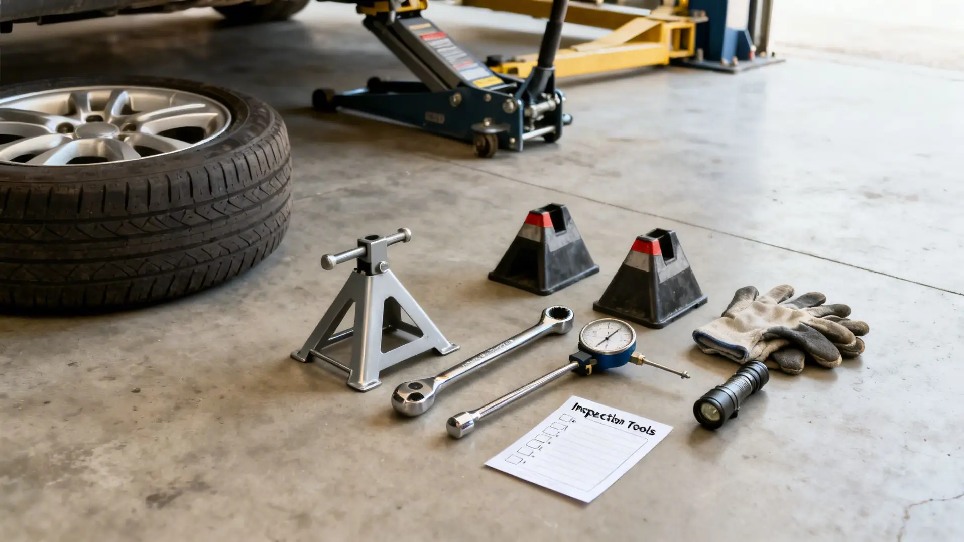 Various car inspection tools, including wrenches, jack stand, and a checklist, laid on a garage floor.