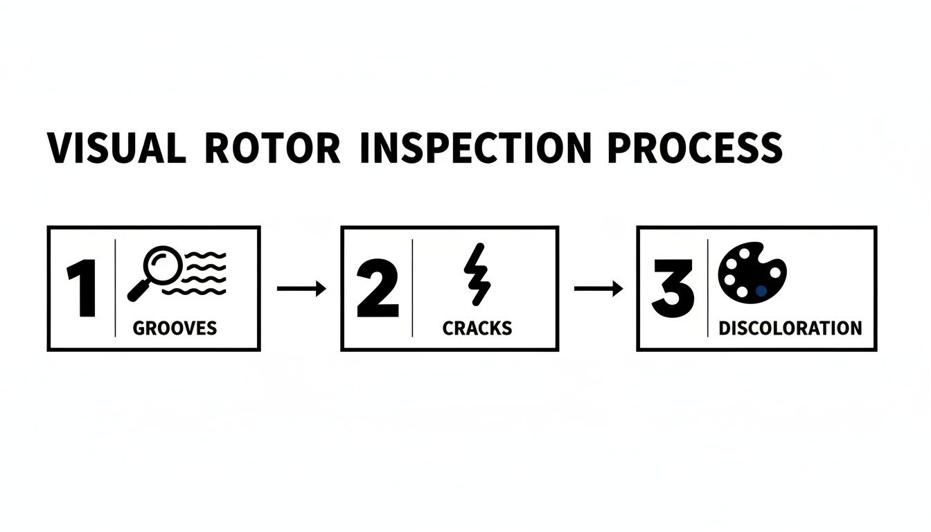 Flowchart showing a three-step visual rotor inspection process: grooves, cracks, and discoloration.