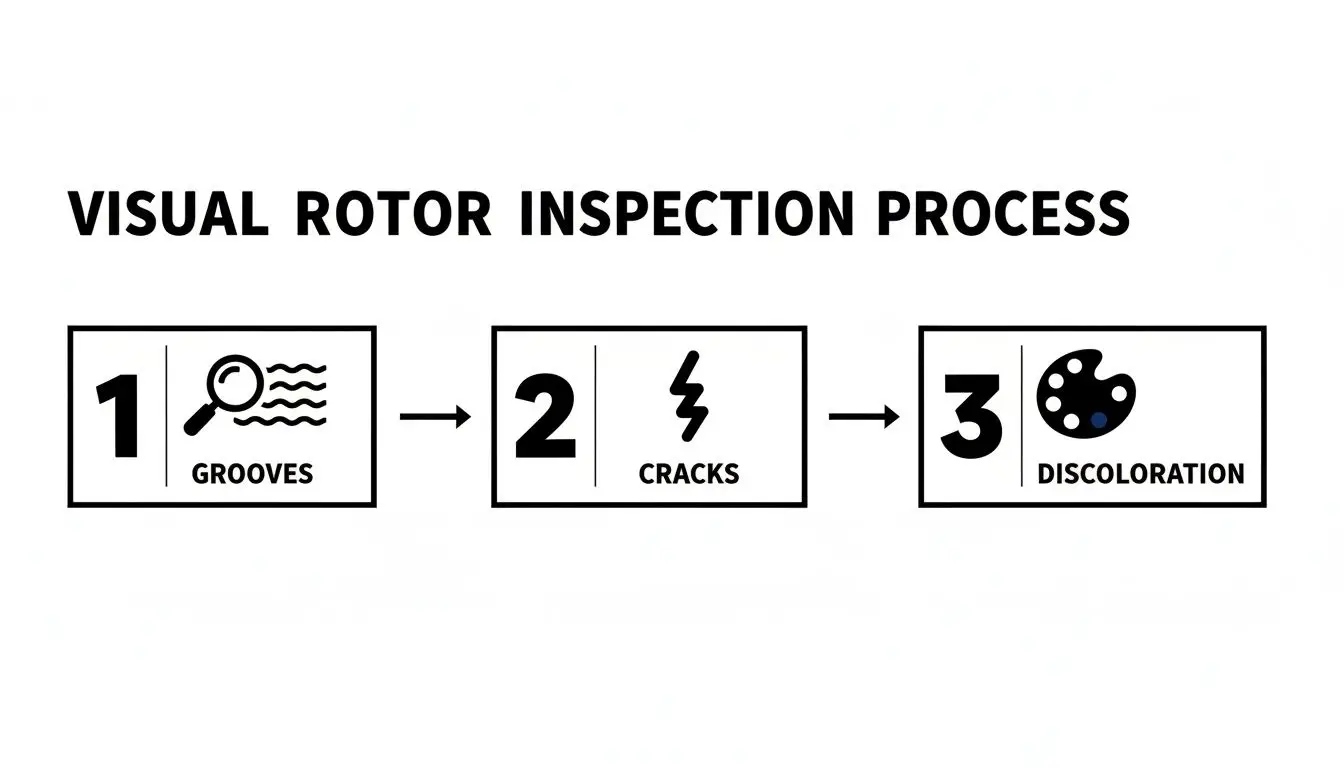 Flowchart showing a three-step visual rotor inspection process: grooves, cracks, and discoloration.