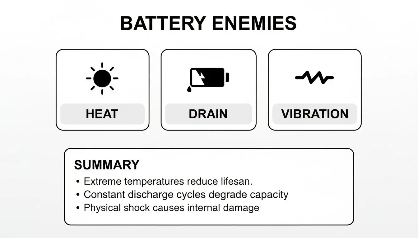 Infographic showing three battery enemies: heat, drain, and vibration, with a summary of their harmful effects.