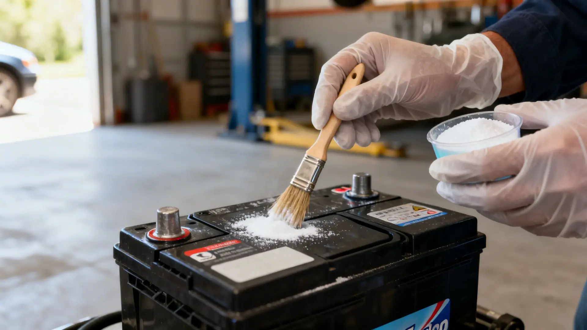 Hands in gloves apply white powder with a brush onto a car battery in a garage.