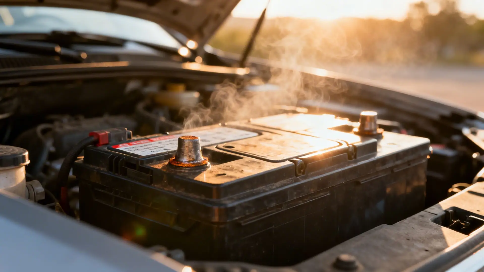 A smoking or steaming car battery with corroded terminals in an open engine bay at sunset.