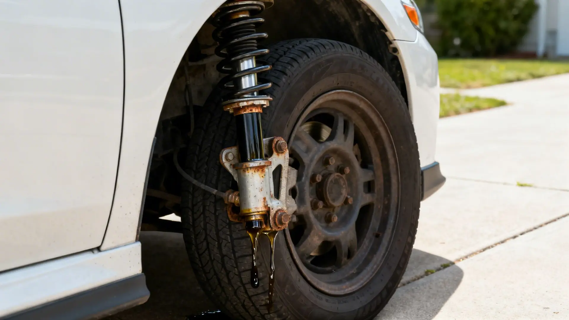 A heavily rusted and leaking shock absorber on a white car, indicating a broken suspension.
