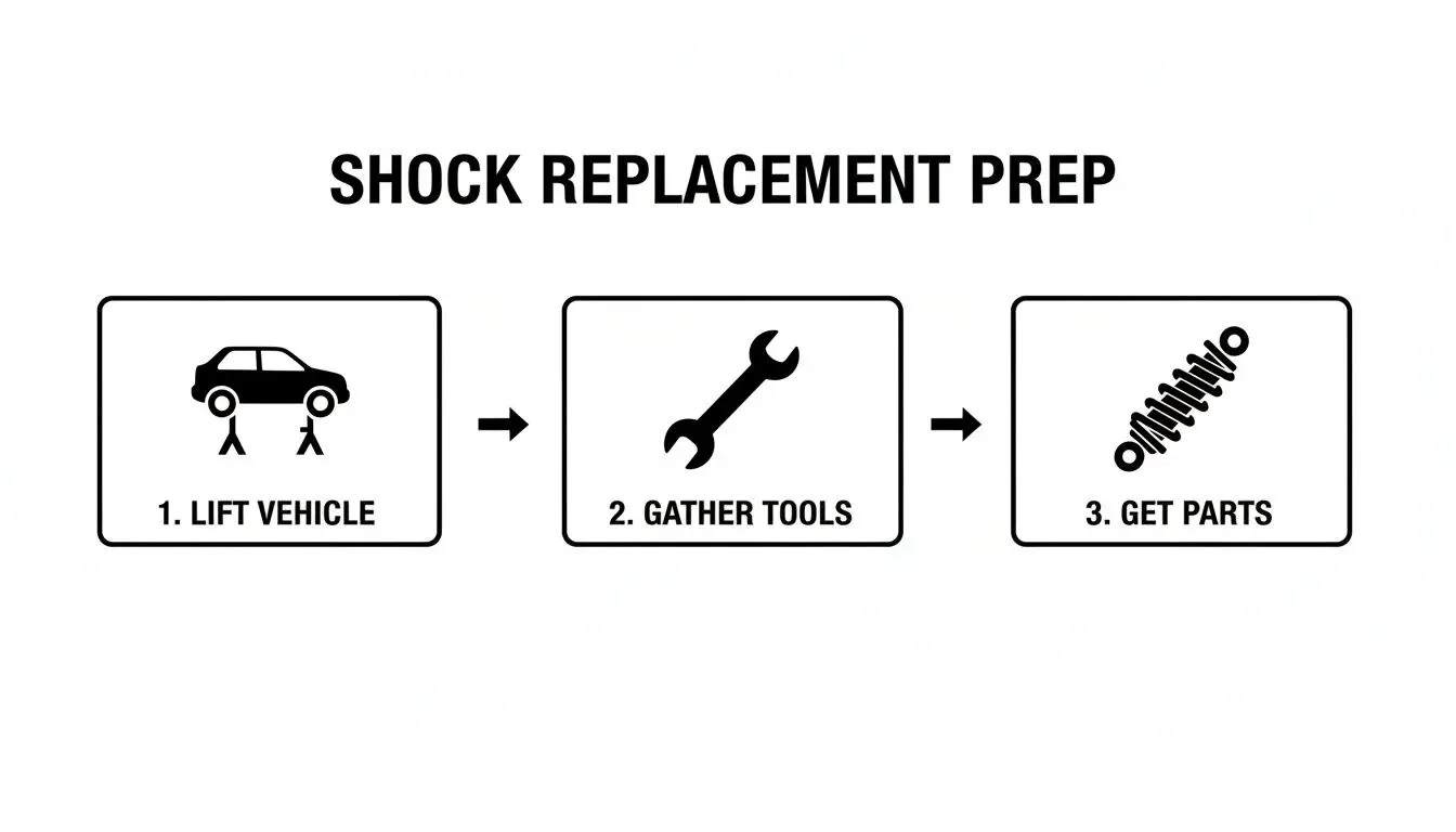 Three steps for shock replacement preparation: lift vehicle, gather tools, and get parts.