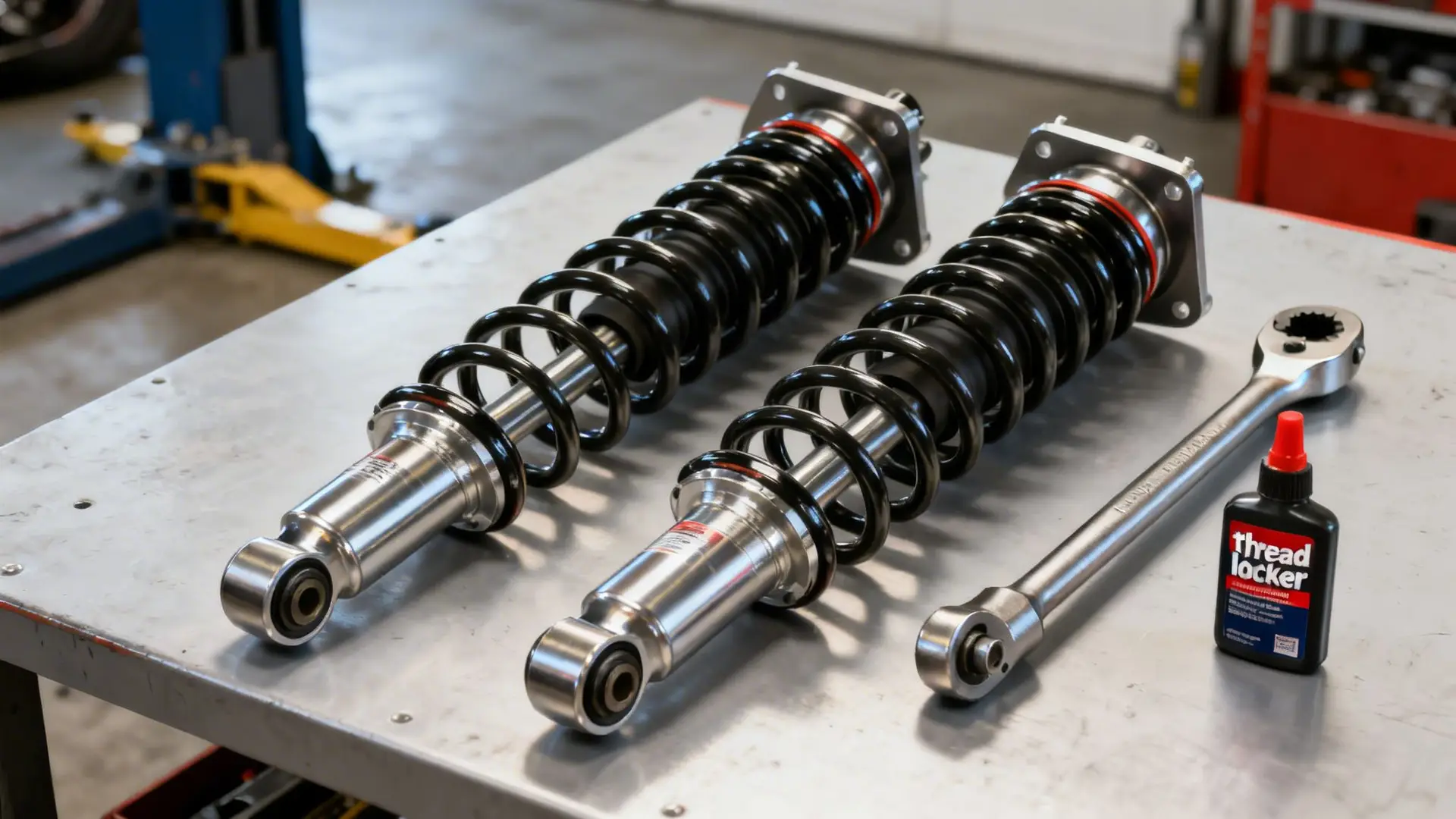 A pair of new automotive shock absorbers with springs, a wrench, and thread locker on a workbench.