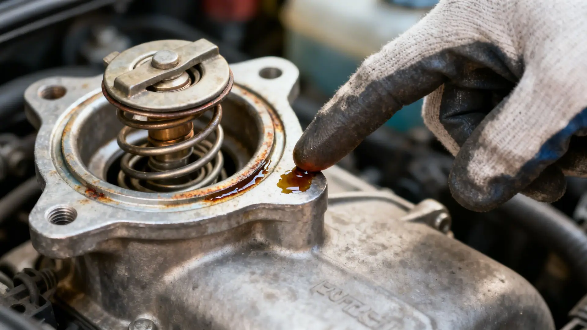 A gloved hand touches rusted fluid near an open car thermostat housing with a visible spring mechanism.