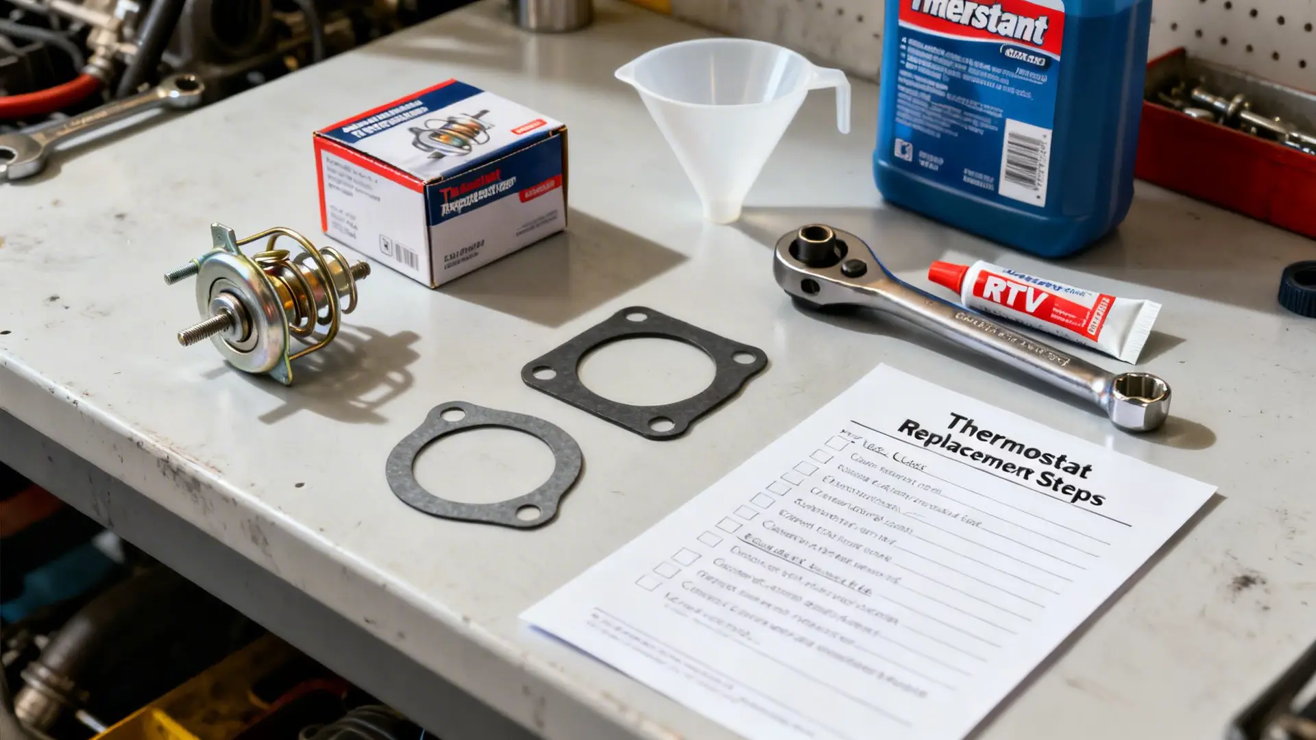 Tools and parts laid out on a workbench for a car thermostat replacement, including a new thermostat, gaskets, sealant, and a checklist.