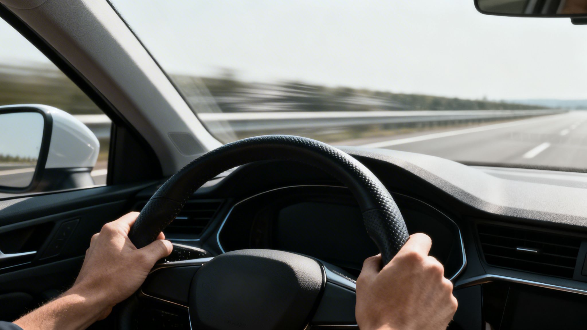 Driver's perspective view of hands on the steering wheel while driving a car on a highway.